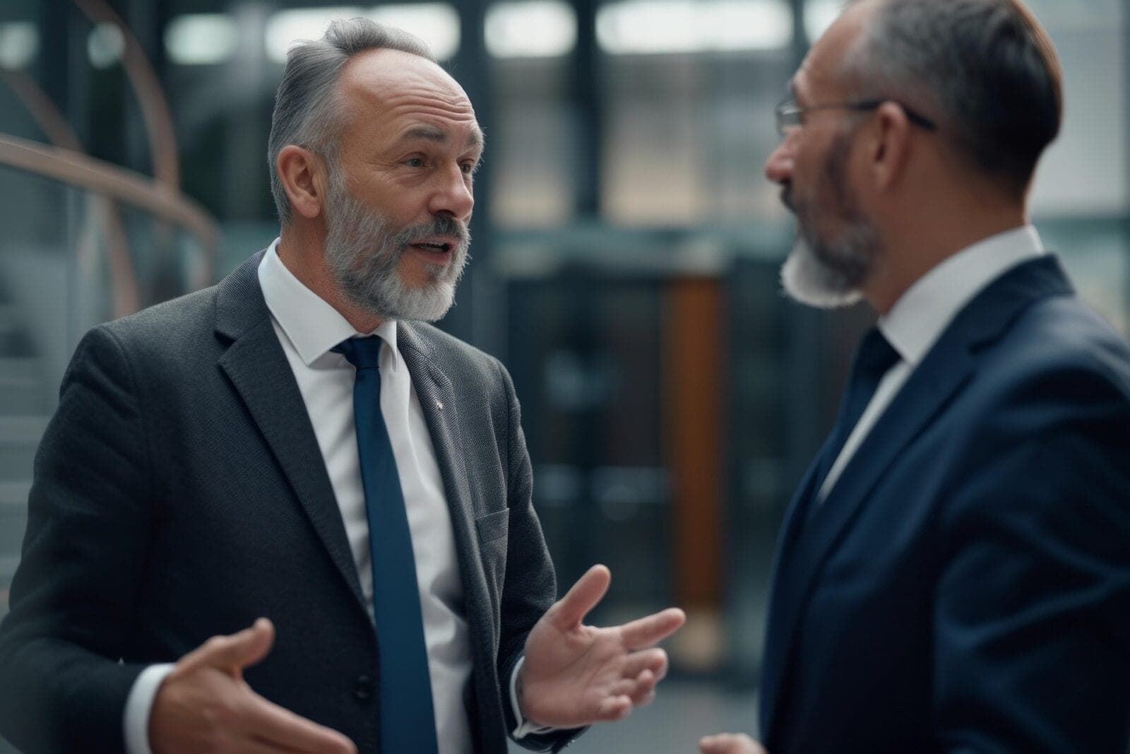 Two investors in suits talking in an office lobby