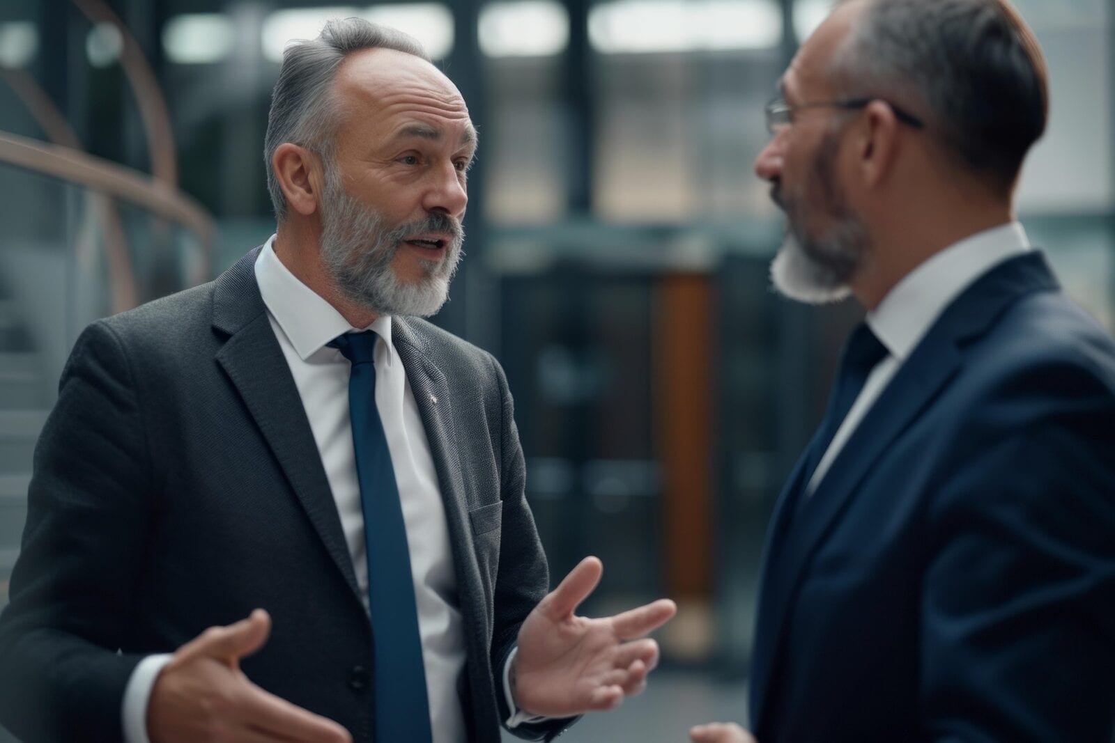 Two investors in suits talking in an office lobby