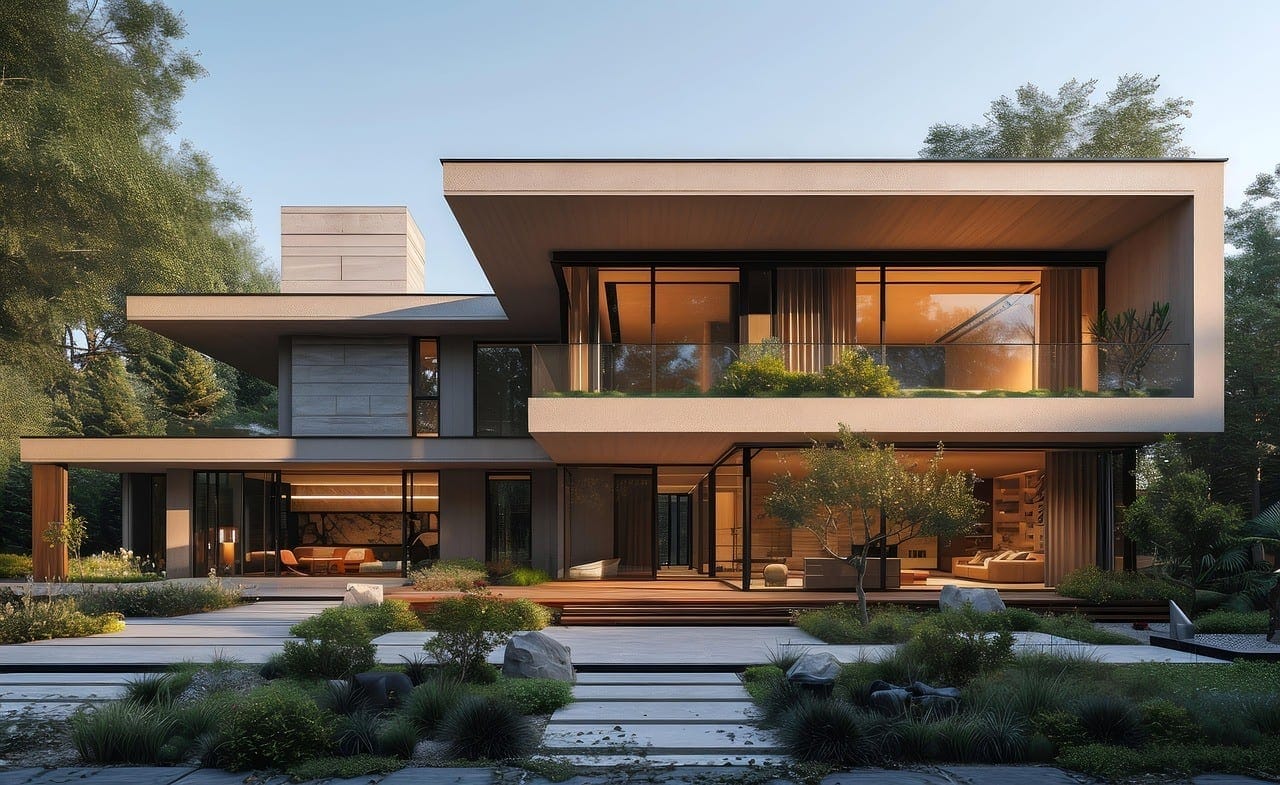 Modern two-story home with floor-to-ceiling windows and a landscaped front path